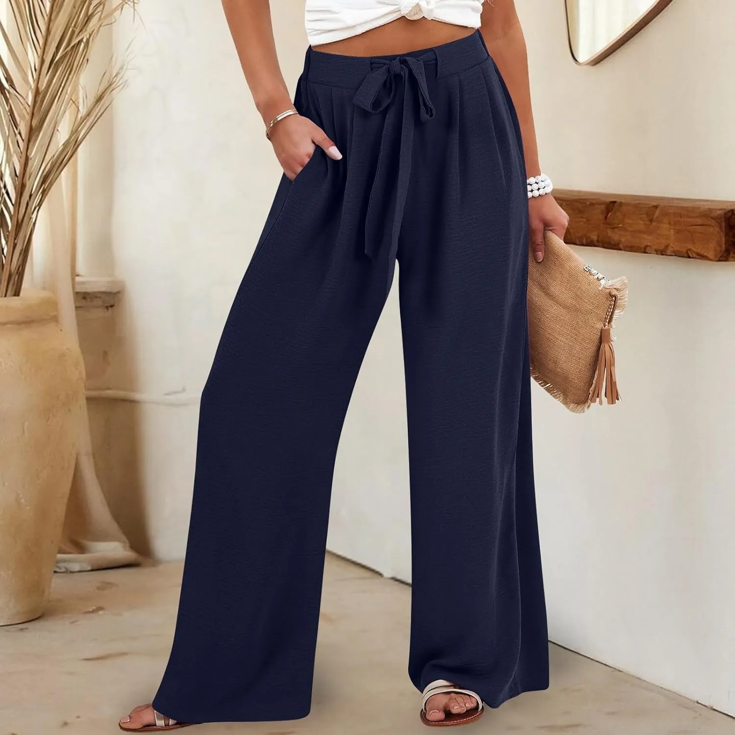Linen Capri Pants Women Wide Leg Straight with Pocket Drawstrings Loose Casual Summer Vacation 2025