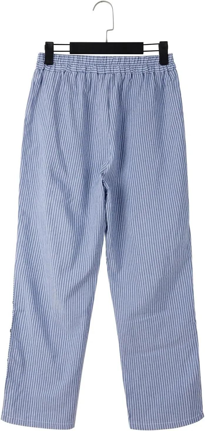 Linen Crop Pants for Women Elastic Waistband High Waistband Pocket Pants Side Nine Point Loose Casual