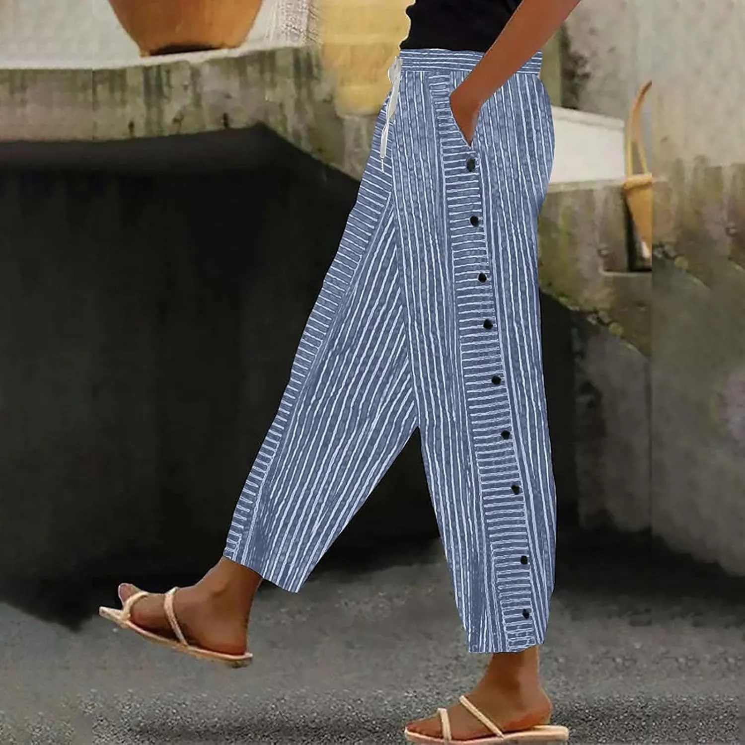 Linen Crop Pants for Women Elastic Waistband High Waistband Pocket Pants Side Nine Point Loose Casual