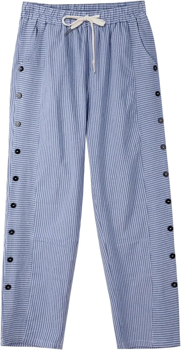 Linen Crop Pants for Women Elastic Waistband High Waistband Pocket Pants Side Nine Point Loose Casual