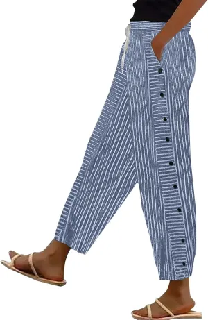 Linen Crop Pants for Women Elastic Waistband High Waistband Pocket Pants Side Nine Point Loose Casual