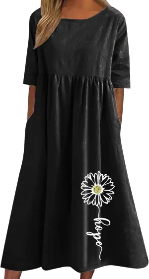 Linen Dress for Women 2025 Casual Short Sleeve Round Neck Midi Dress Summer Beach Vacation Dresses with Pockets
