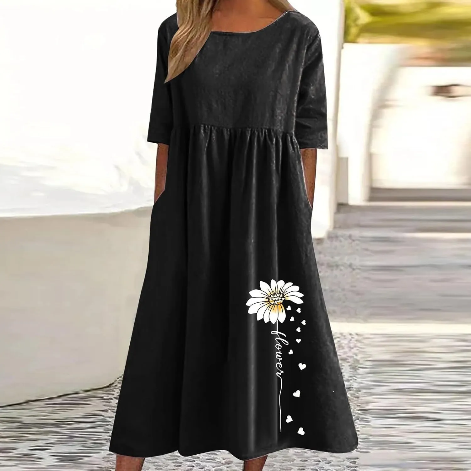 Linen Dress for Women 2025 Casual Short Sleeve Round Neck Midi Dress Summer Beach Vacation Dresses with Pockets