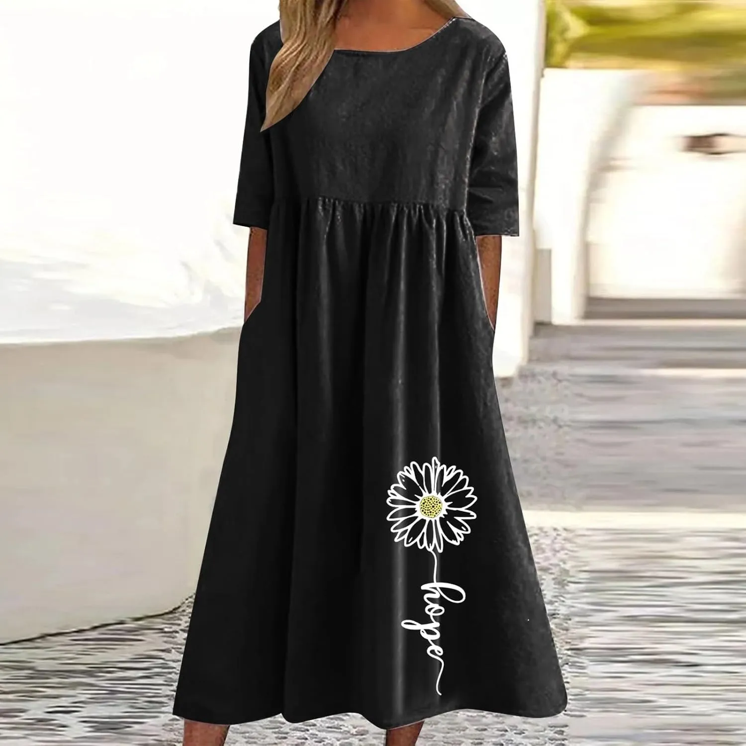 Linen Dress for Women 2025 Casual Short Sleeve Round Neck Midi Dress Summer Beach Vacation Dresses with Pockets