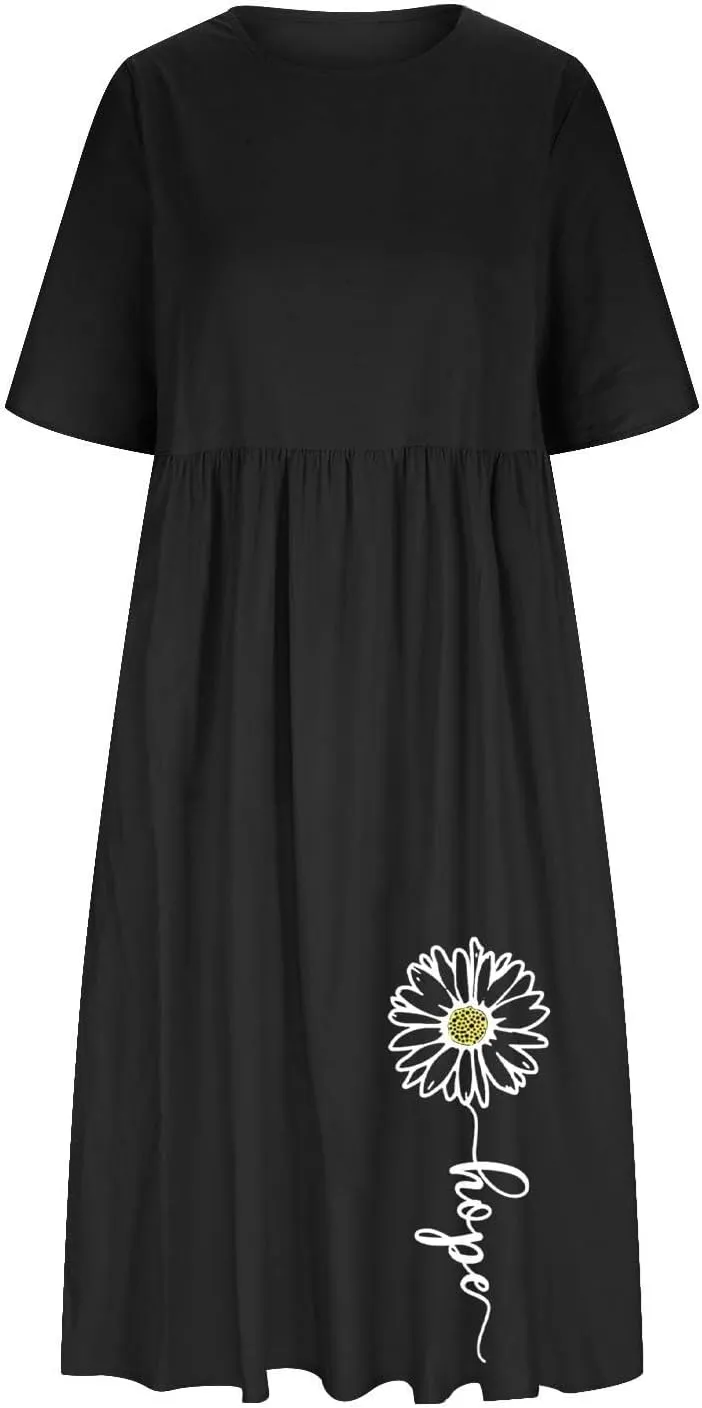 Linen Dress for Women 2025 Casual Short Sleeve Round Neck Midi Dress Summer Beach Vacation Dresses with Pockets