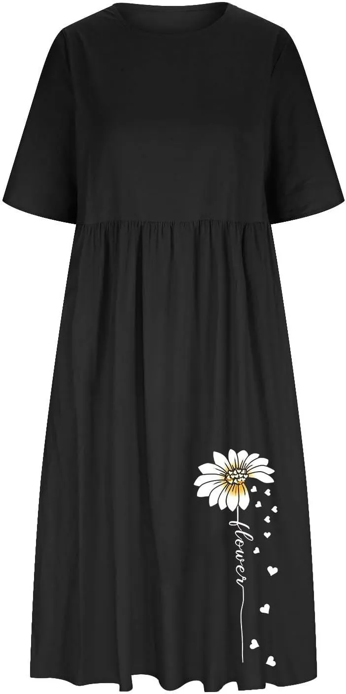 Linen Dress for Women 2025 Casual Short Sleeve Round Neck Midi Dress Summer Beach Vacation Dresses with Pockets