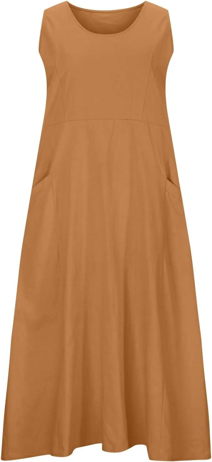 Linen Dress Women 2025 Sleeveless Cotton Linen Maxi Dresses Plus Size Flowy Tank Sundress Beach Vacation Outfits