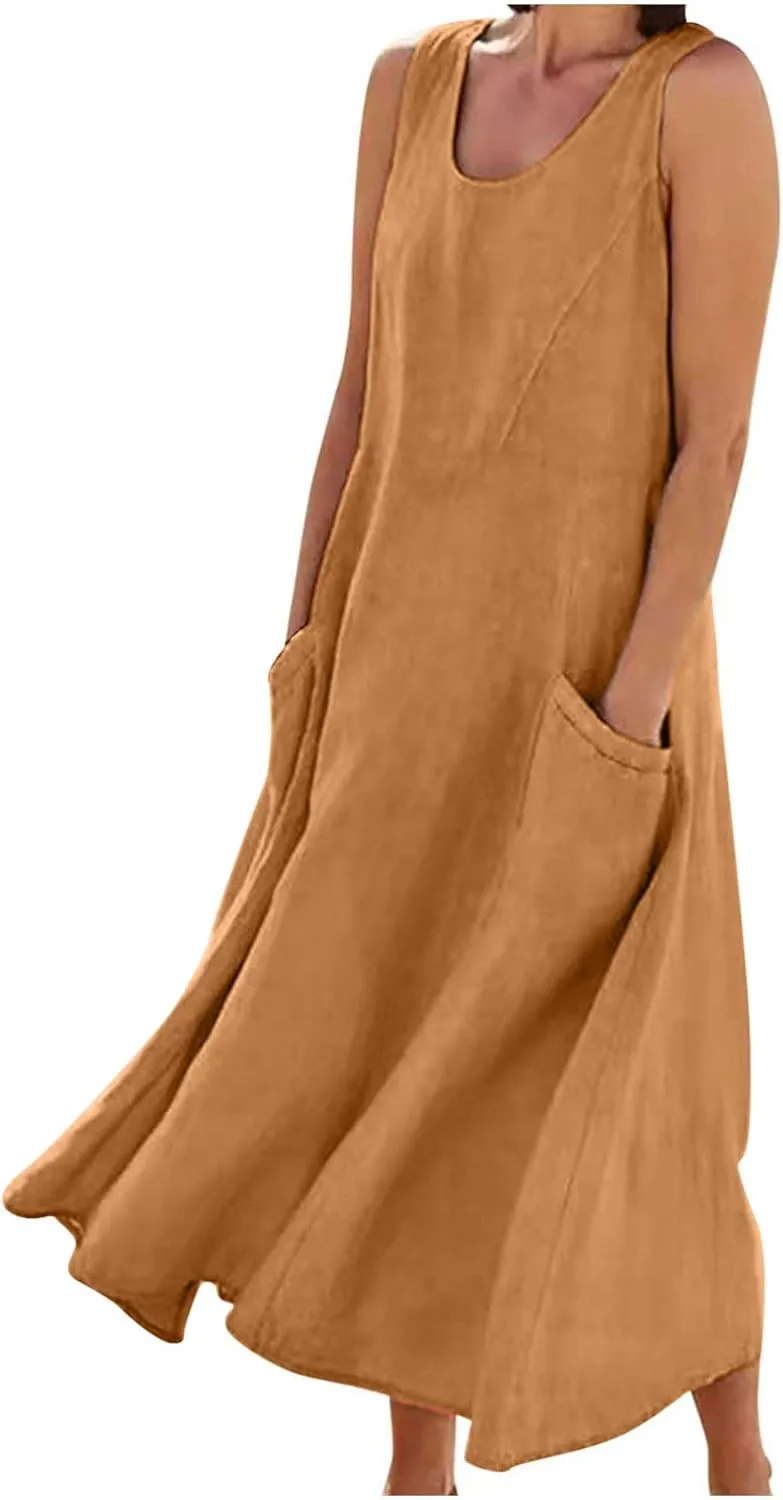 Linen Dress Women 2025 Sleeveless Cotton Linen Maxi Dresses Plus Size Flowy Tank Sundress Beach Vacation Outfits