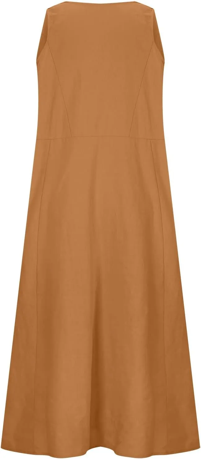 Linen Dress Women 2025 Sleeveless Cotton Linen Maxi Dresses Plus Size Flowy Tank Sundress Beach Vacation Outfits