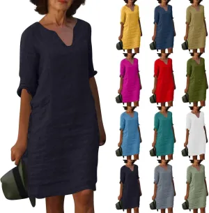 Linen Dress Women Summer V Neck Half Sleeve Causal Loose Tshirt Dresses Flowy Beach Boho Midi Dress with Pockets