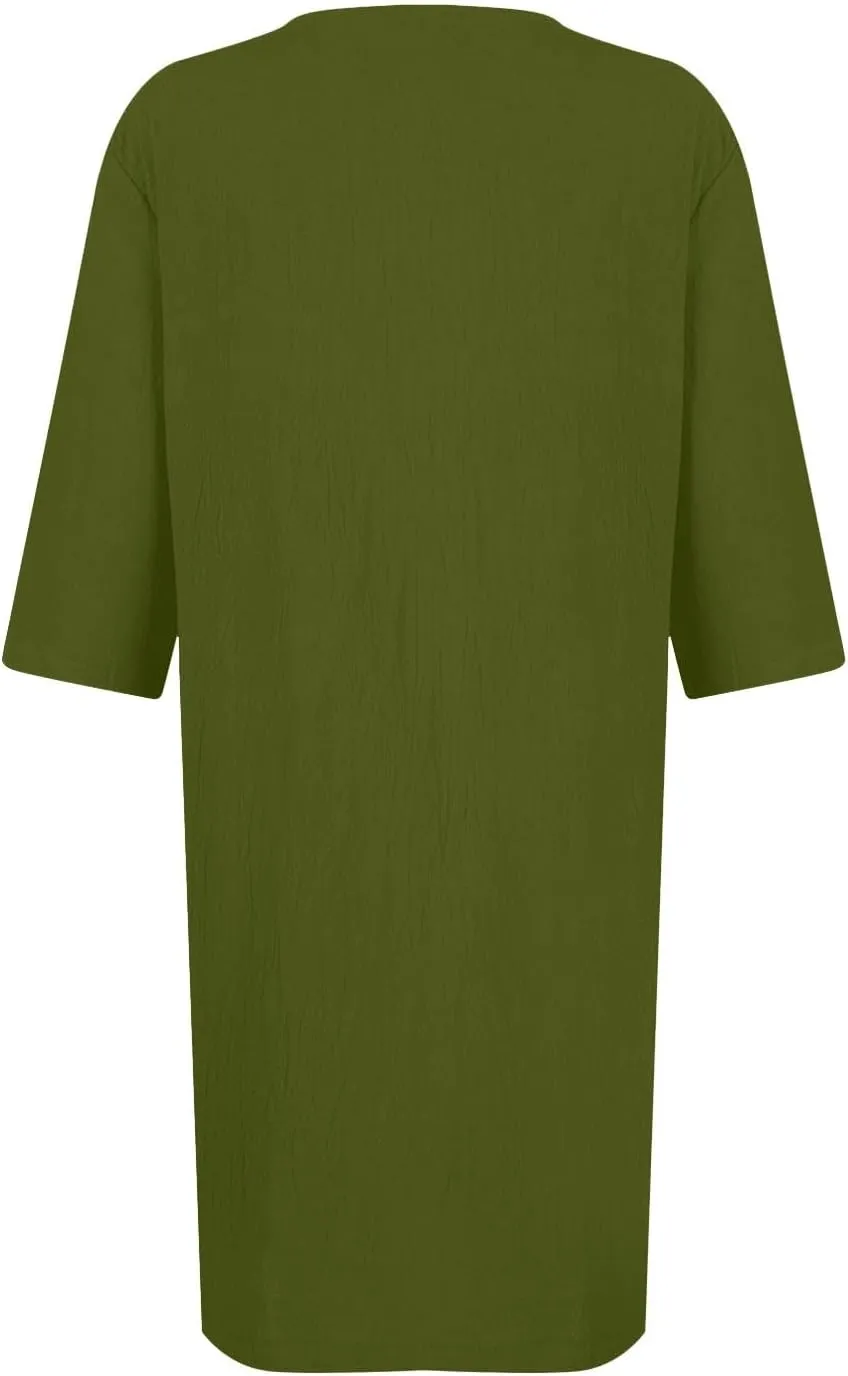 Linen Dress Women Summer V Neck Half Sleeve Causal Loose Tshirt Dresses Flowy Beach Boho Midi Dress with Pockets