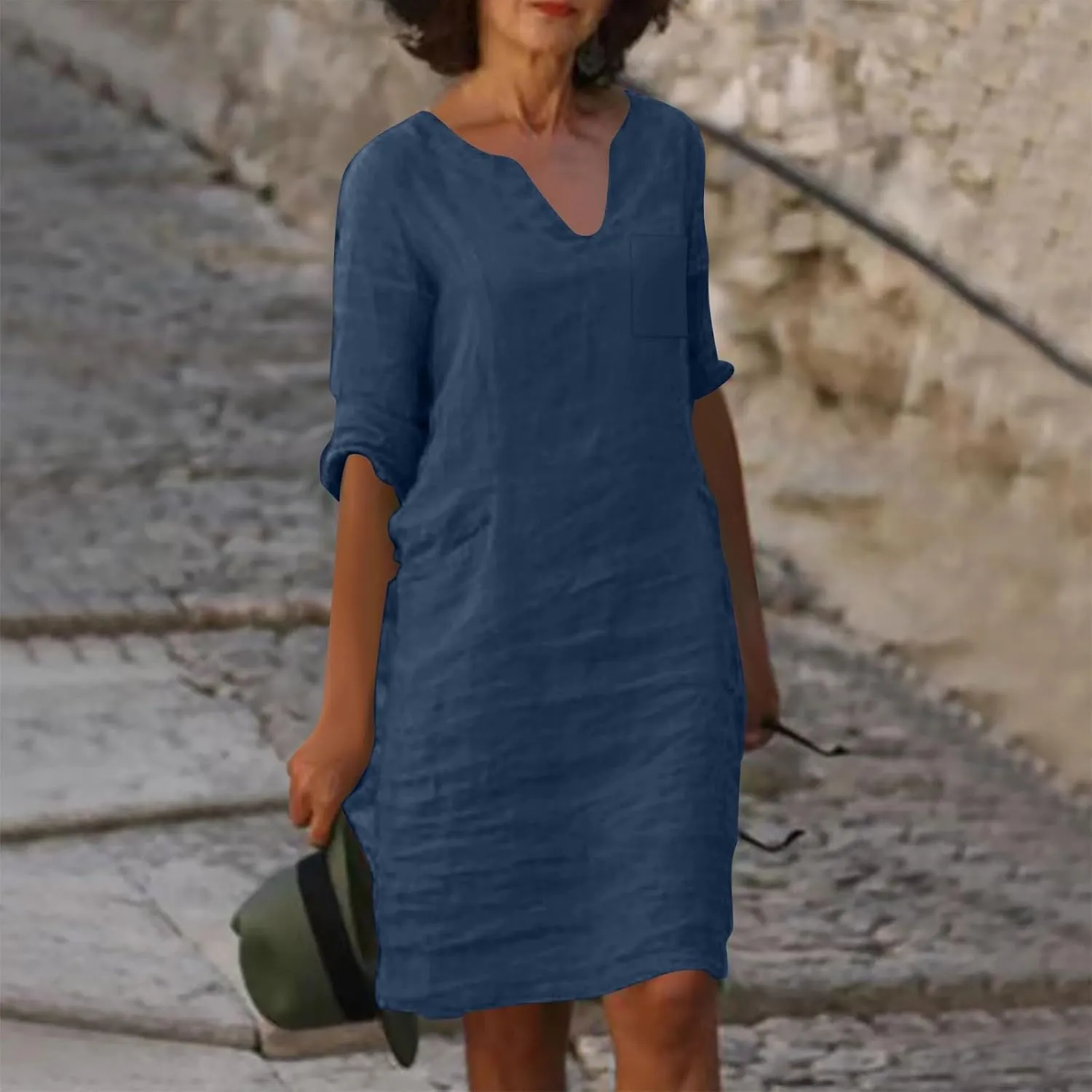 Linen Dress Women Summer V Neck Half Sleeve Causal Loose Tshirt Dresses Flowy Beach Boho Midi Dress with Pockets