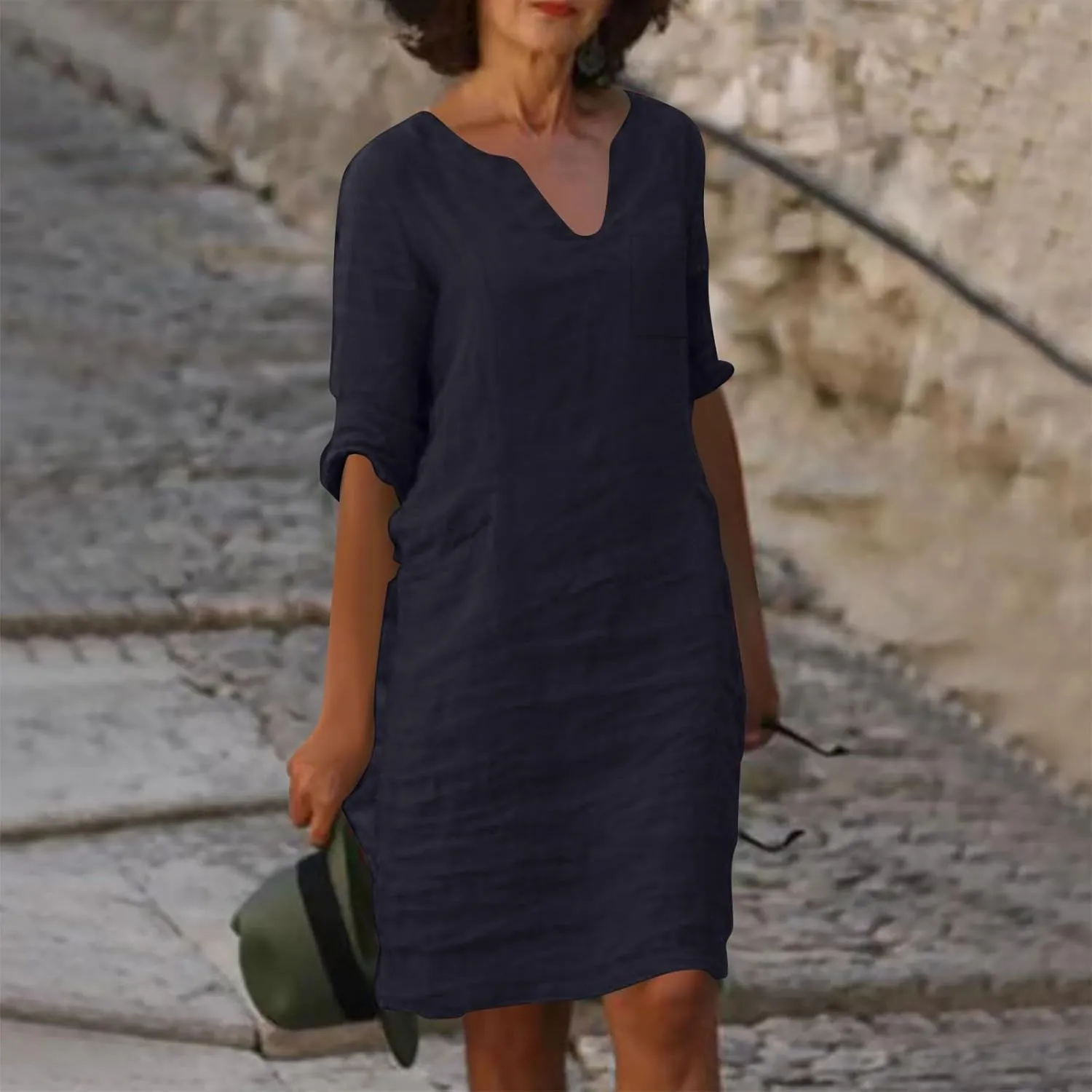 Linen Dress Women Summer V Neck Half Sleeve Causal Loose Tshirt Dresses Flowy Beach Boho Midi Dress with Pockets
