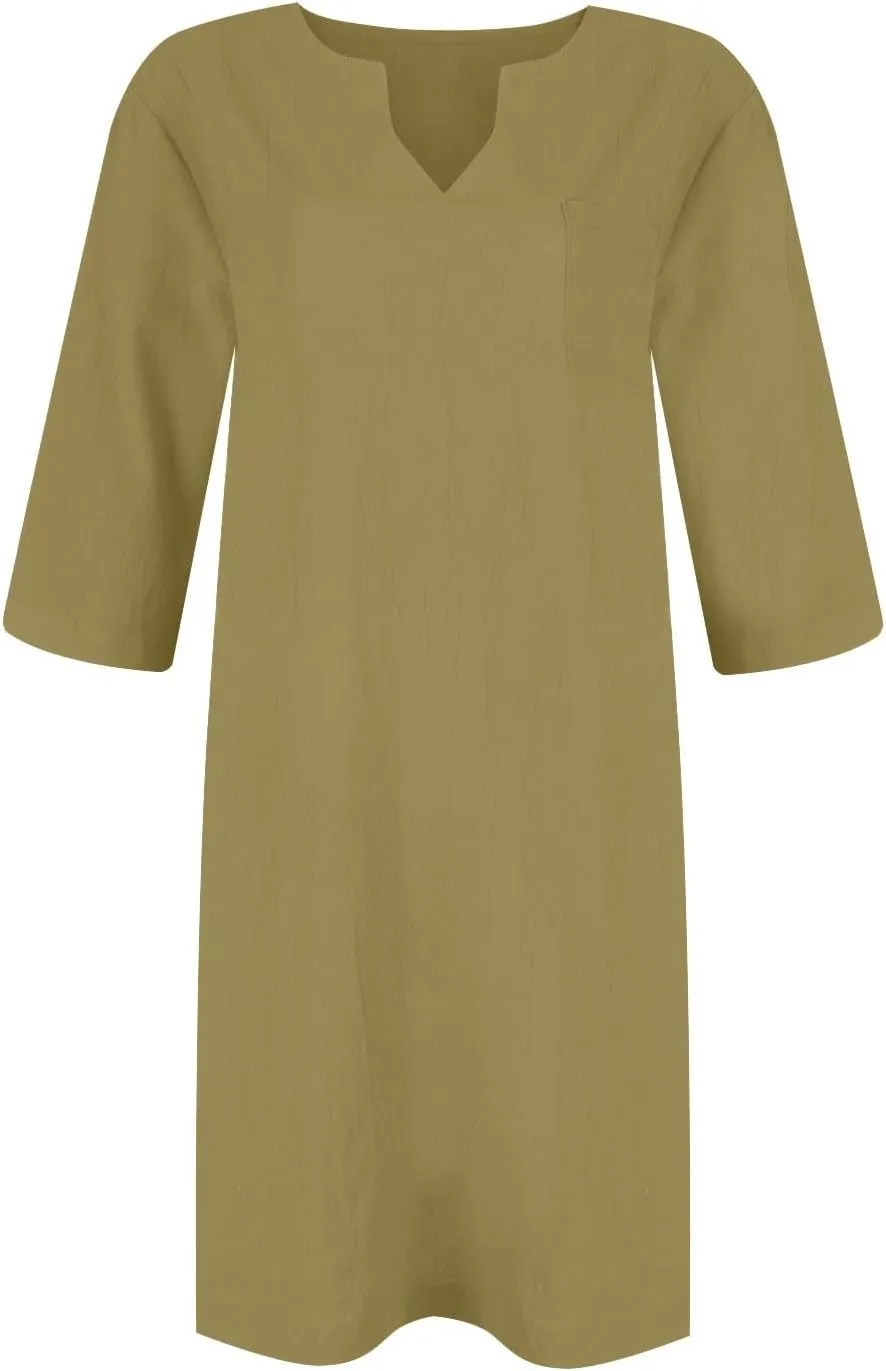 Linen Dress Women Summer V Neck Half Sleeve Causal Loose Tshirt Dresses Flowy Beach Boho Midi Dress with Pockets