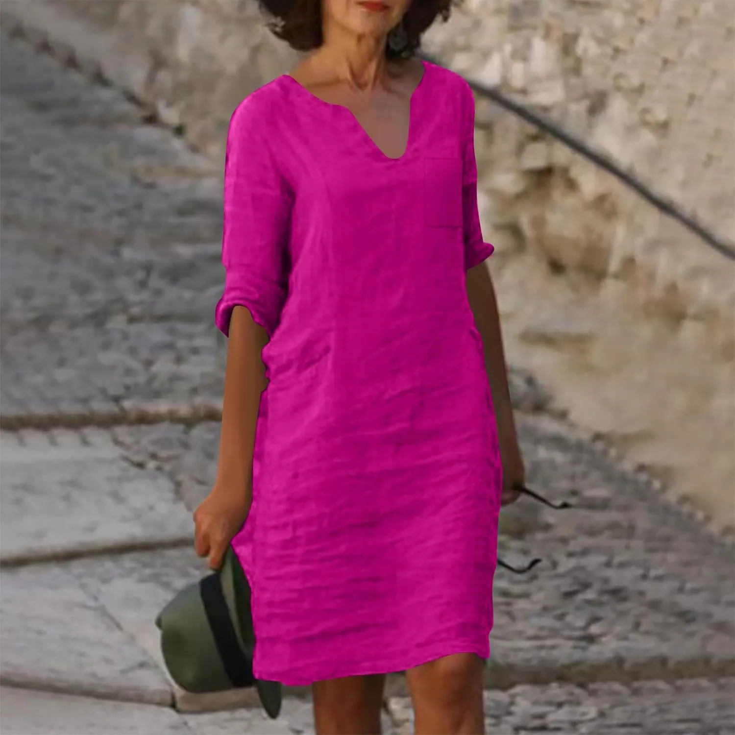Linen Dress Women Summer V Neck Half Sleeve Causal Loose Tshirt Dresses Flowy Beach Boho Midi Dress with Pockets