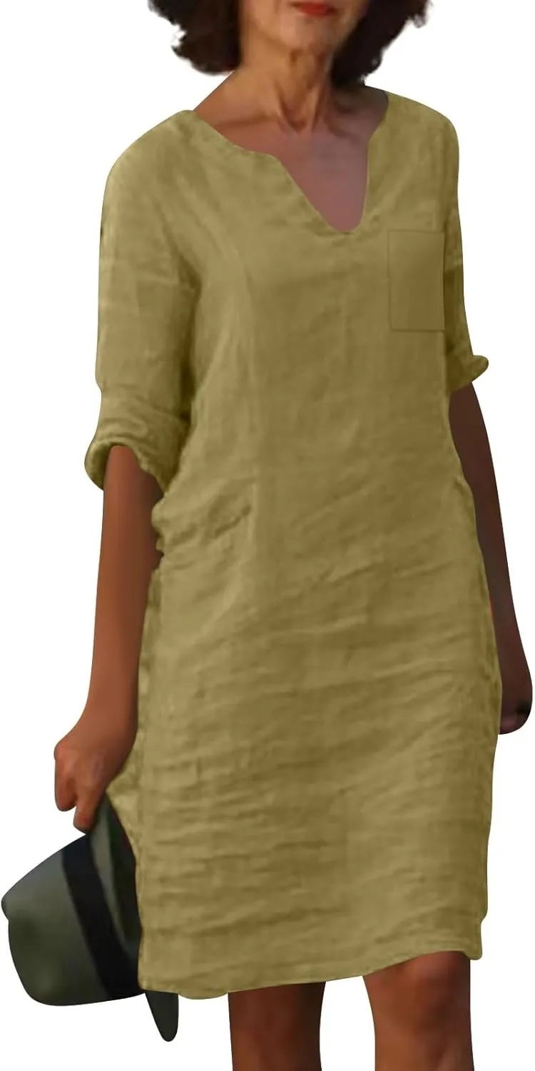 Linen Dress Women Summer V Neck Half Sleeve Causal Loose Tshirt Dresses Flowy Beach Boho Midi Dress with Pockets