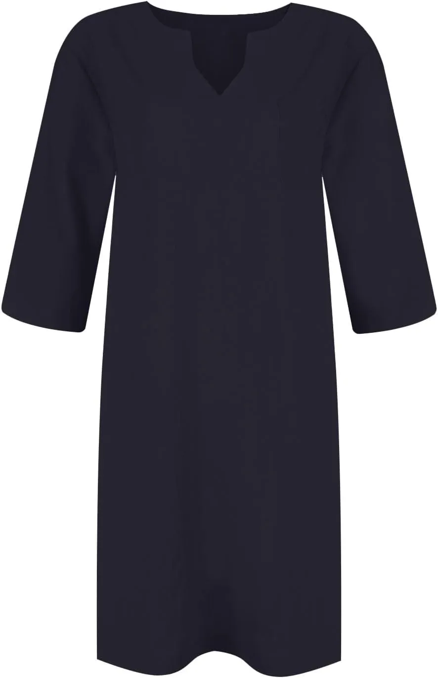 Linen Dress Women Summer V Neck Half Sleeve Causal Loose Tshirt Dresses Flowy Beach Boho Midi Dress with Pockets