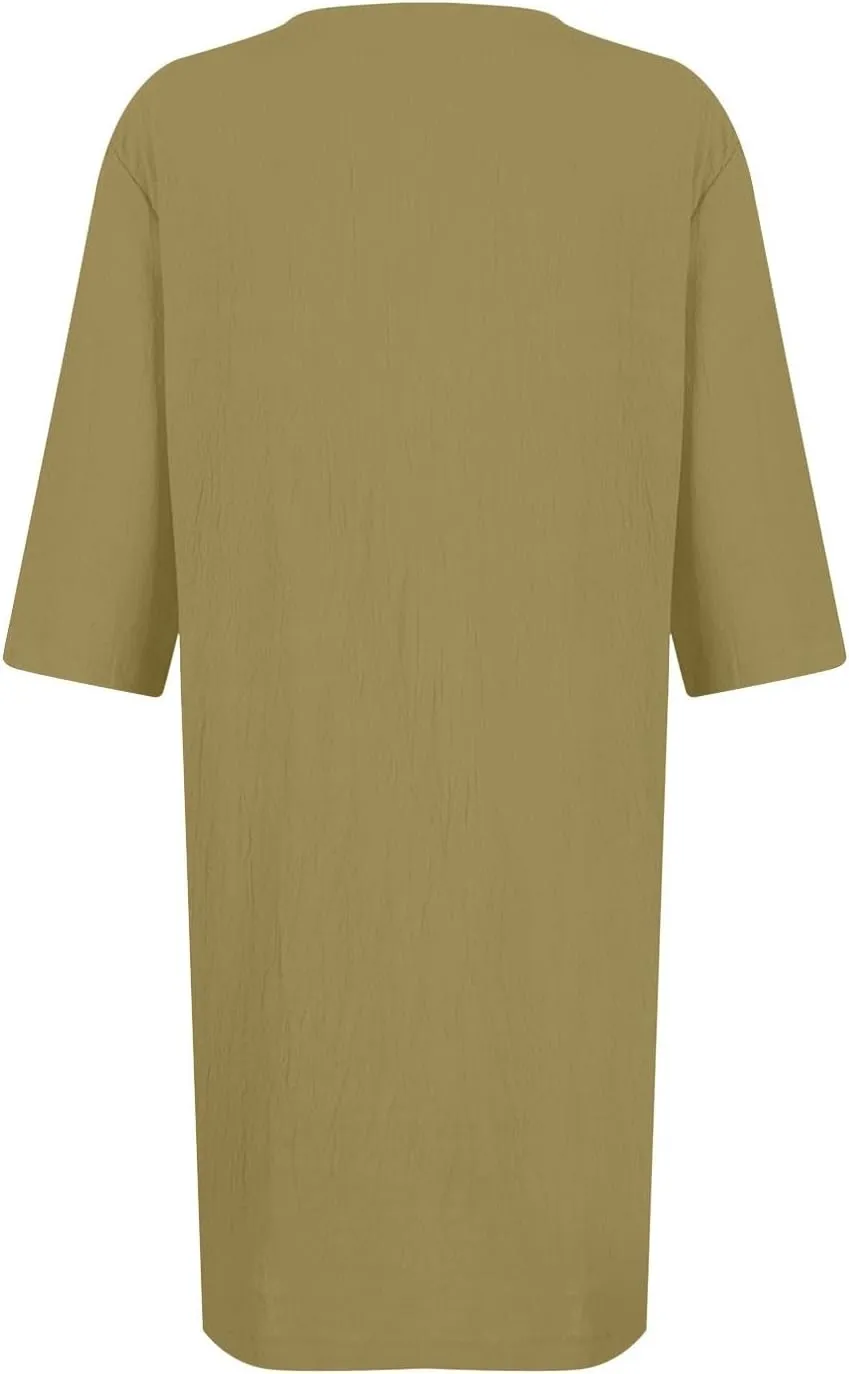 Linen Dress Women Summer V Neck Half Sleeve Causal Loose Tshirt Dresses Flowy Beach Boho Midi Dress with Pockets