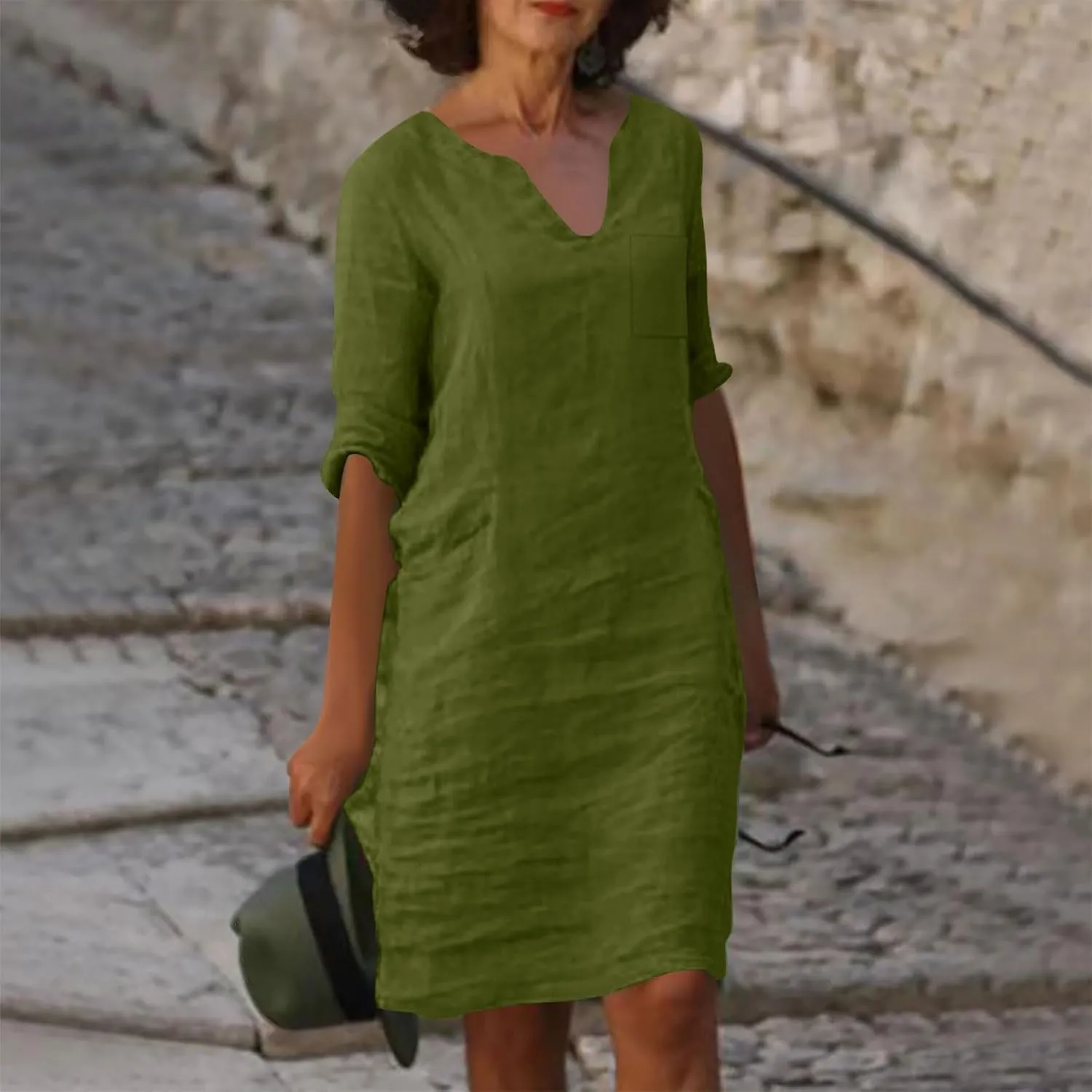 Linen Dress Women Summer V Neck Half Sleeve Causal Loose Tshirt Dresses Flowy Beach Boho Midi Dress with Pockets