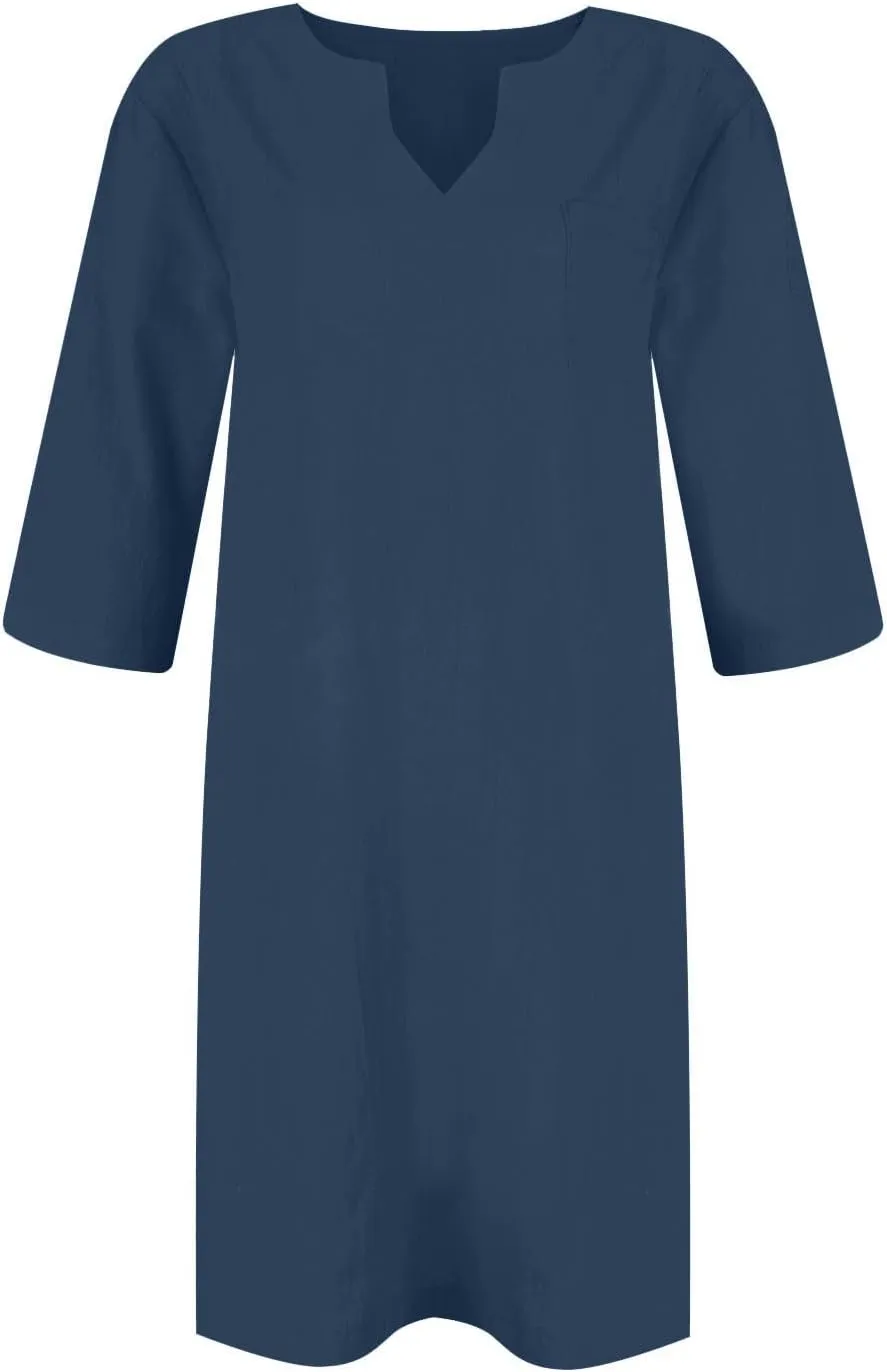 Linen Dress Women Summer V Neck Half Sleeve Causal Loose Tshirt Dresses Flowy Beach Boho Midi Dress with Pockets