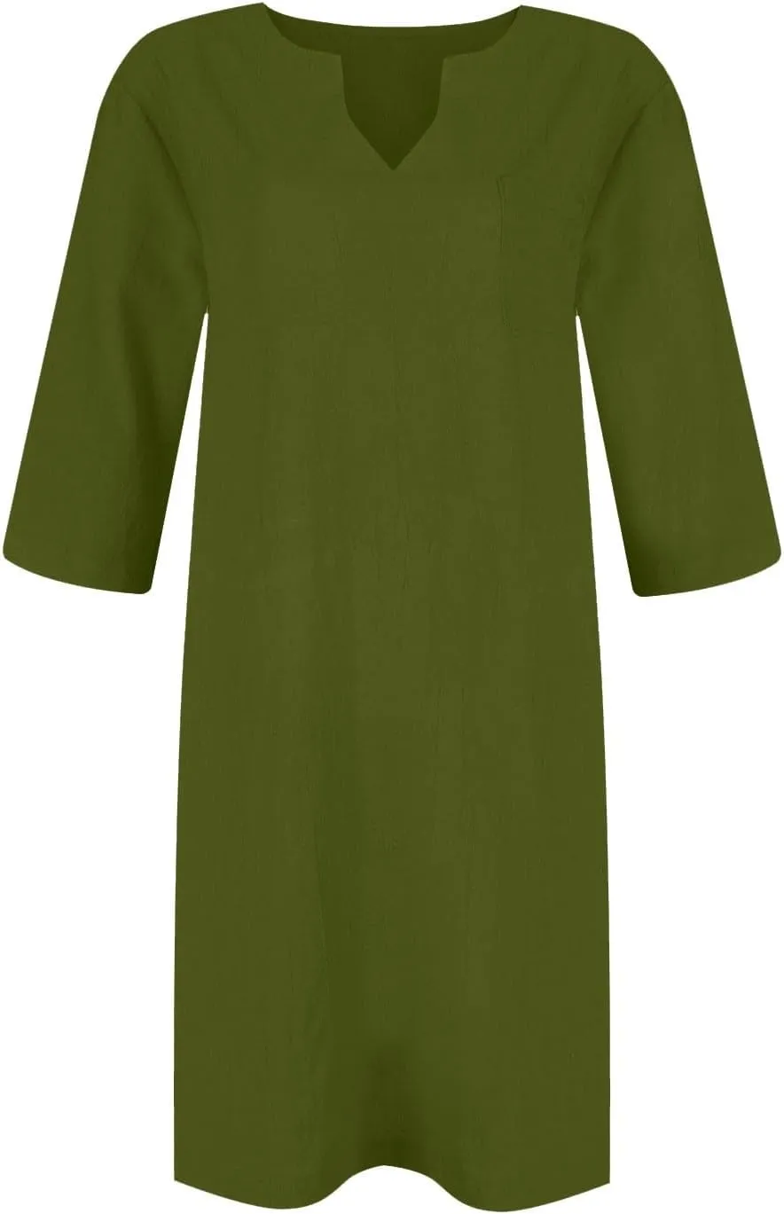 Linen Dress Women Summer V Neck Half Sleeve Causal Loose Tshirt Dresses Flowy Beach Boho Midi Dress with Pockets
