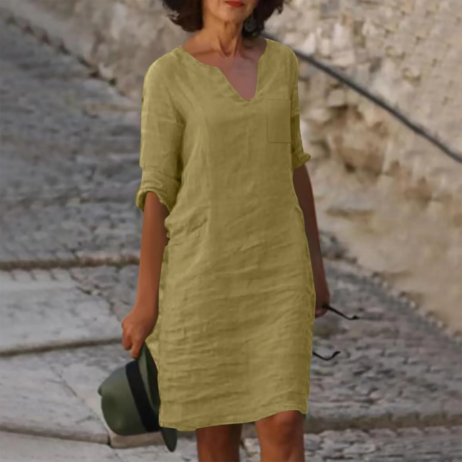 Linen Dress Women Summer V Neck Half Sleeve Causal Loose Tshirt Dresses Flowy Beach Boho Midi Dress with Pockets