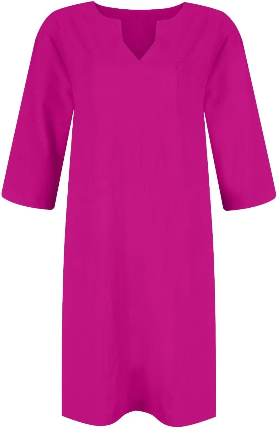 Linen Dress Women Summer V Neck Half Sleeve Causal Loose Tshirt Dresses Flowy Beach Boho Midi Dress with Pockets