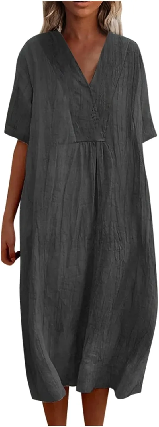 Linen Dresses for Women 2024 Summer Midi V Neck Short Sleeve Casual Loose Beach Comfy Flowy Going Out Tshirt Dress