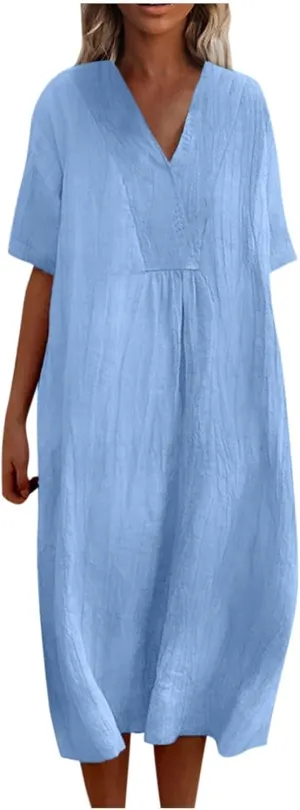 Linen Dresses for Women 2024 Summer Midi V Neck Short Sleeve Casual Loose Beach Comfy Flowy Going Out Tshirt Dress