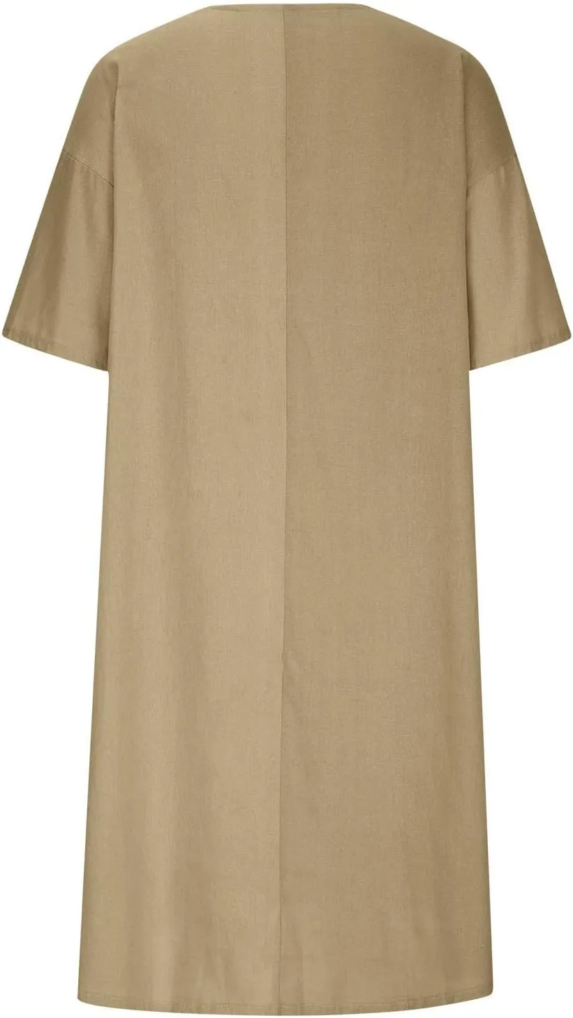 Linen Dresses for Women 2024 Summer Midi V Neck Short Sleeve Casual Loose Beach Comfy Flowy Going Out Tshirt Dress