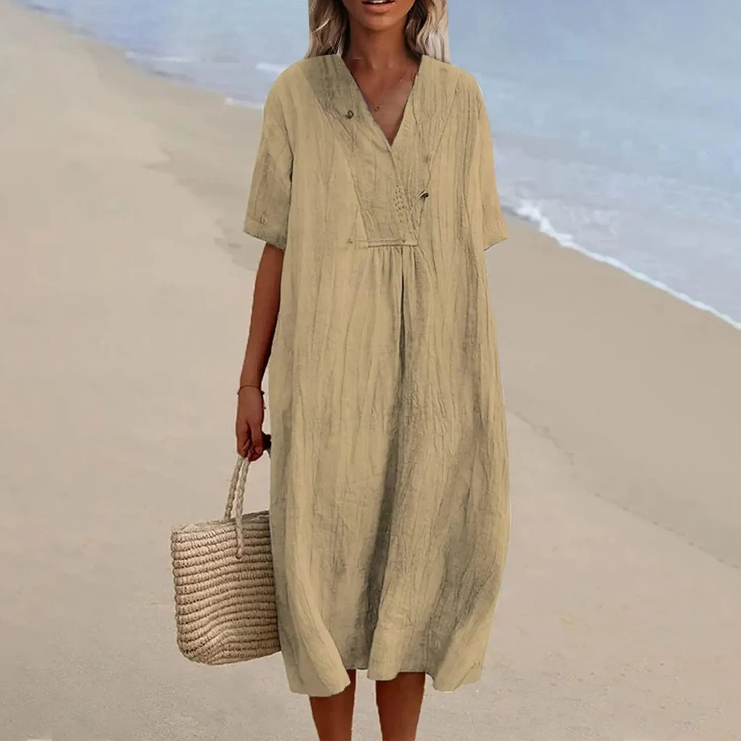 Linen Dresses for Women 2024 Summer Midi V Neck Short Sleeve Casual Loose Beach Comfy Flowy Going Out Tshirt Dress