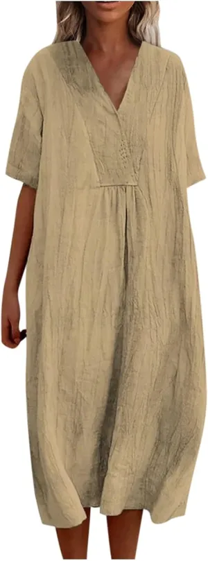 Linen Dresses for Women 2024 Summer Midi V Neck Short Sleeve Casual Loose Beach Comfy Flowy Going Out Tshirt Dress