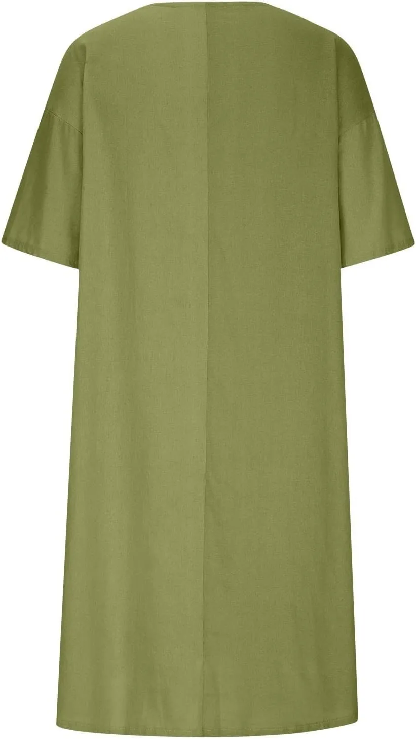 Linen Dresses for Women 2024 Summer Midi V Neck Short Sleeve Casual Loose Beach Comfy Flowy Going Out Tshirt Dress