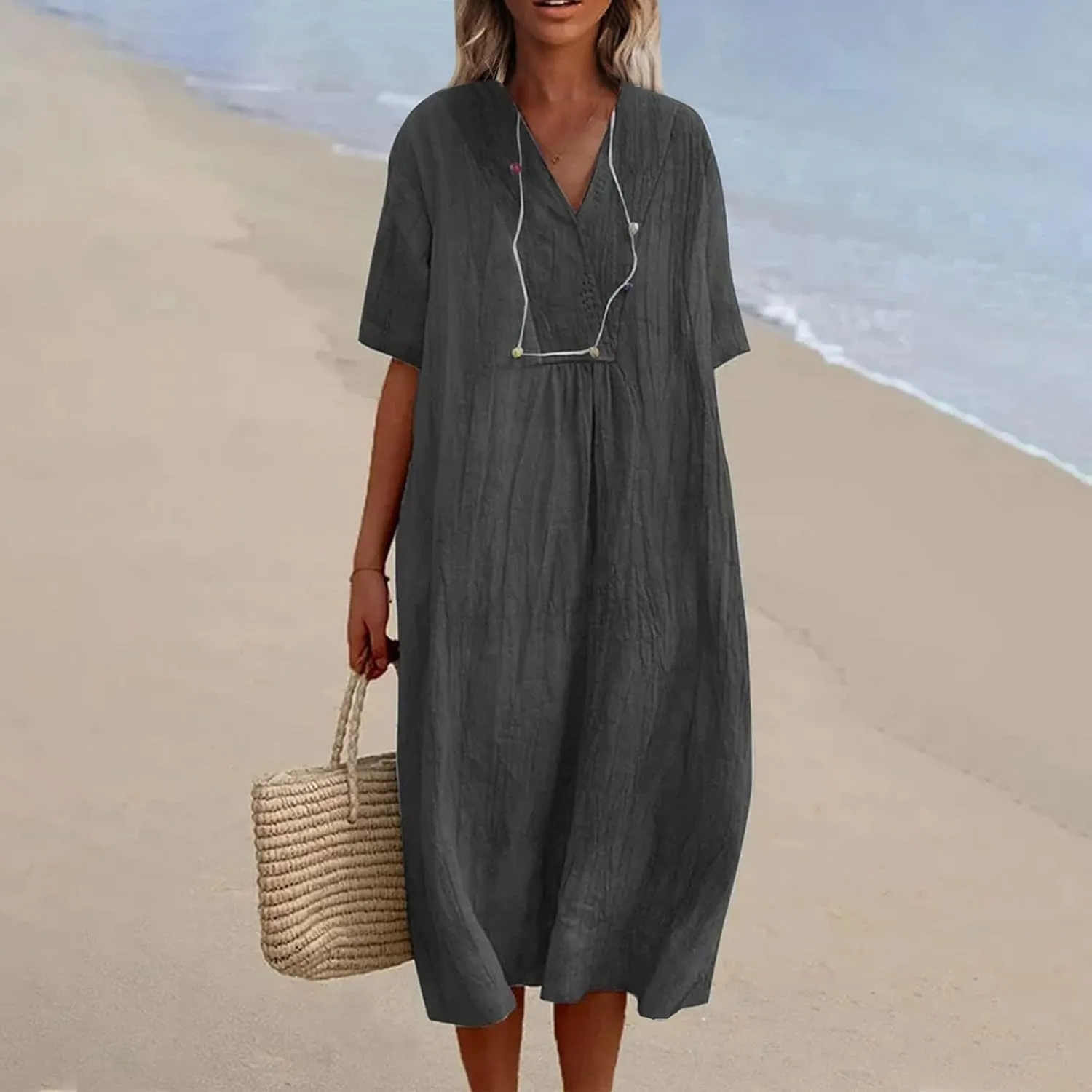 Linen Dresses for Women 2024 Summer Midi V Neck Short Sleeve Casual Loose Beach Comfy Flowy Going Out Tshirt Dress