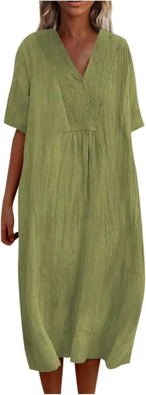 Linen Dresses for Women 2024 Summer Midi V Neck Short Sleeve Casual Loose Beach Comfy Flowy Going Out Tshirt Dress