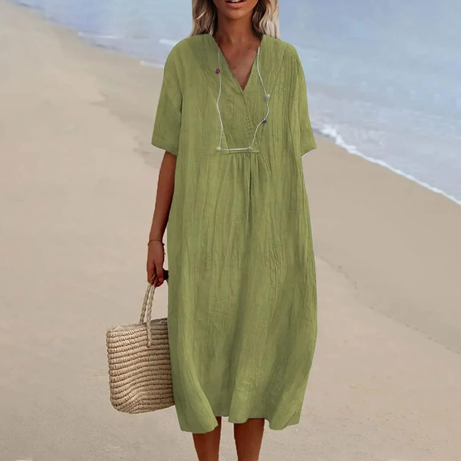 Linen Dresses for Women 2024 Summer Midi V Neck Short Sleeve Casual Loose Beach Comfy Flowy Going Out Tshirt Dress