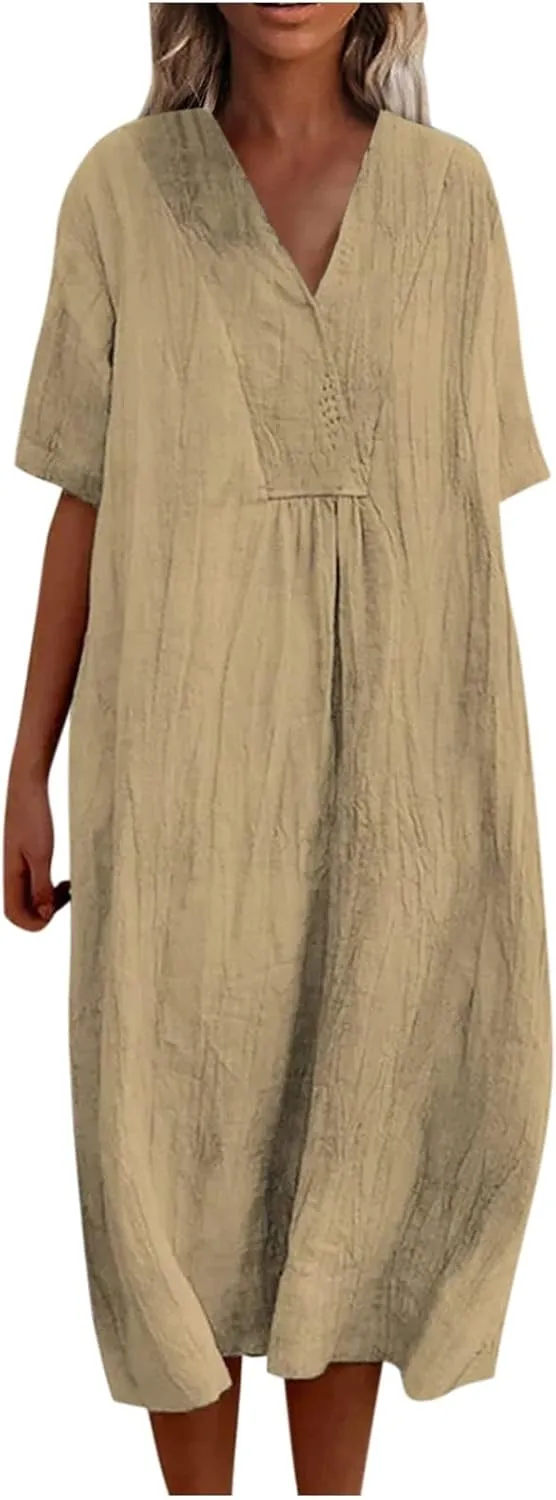 Linen Dresses for Women 2024 Summer Midi V Neck Short Sleeve Casual Loose Beach Comfy Flowy Going Out Tshirt Dress