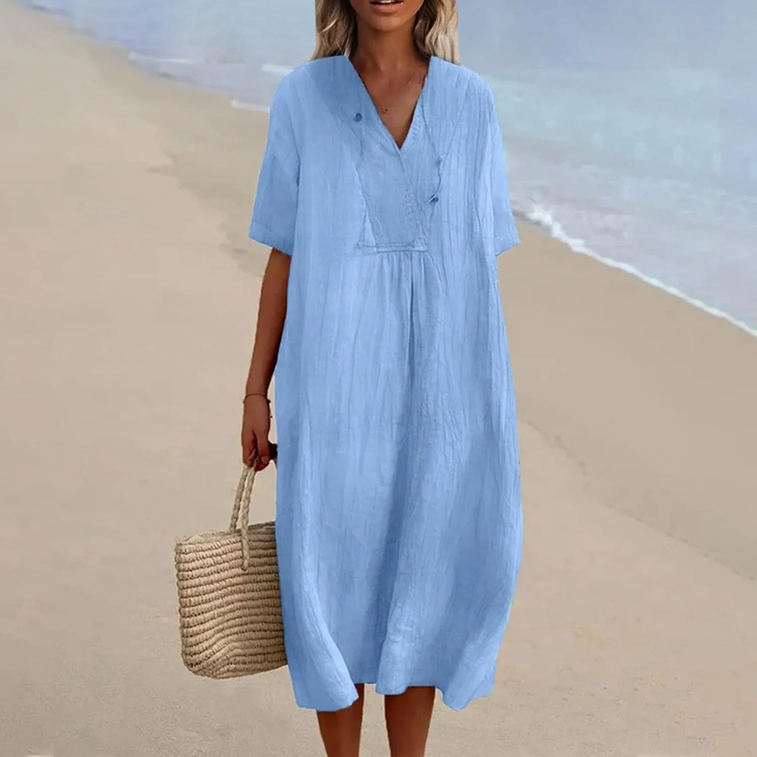 Linen Dresses for Women 2024 Summer Midi V Neck Short Sleeve Casual Loose Beach Comfy Flowy Going Out Tshirt Dress