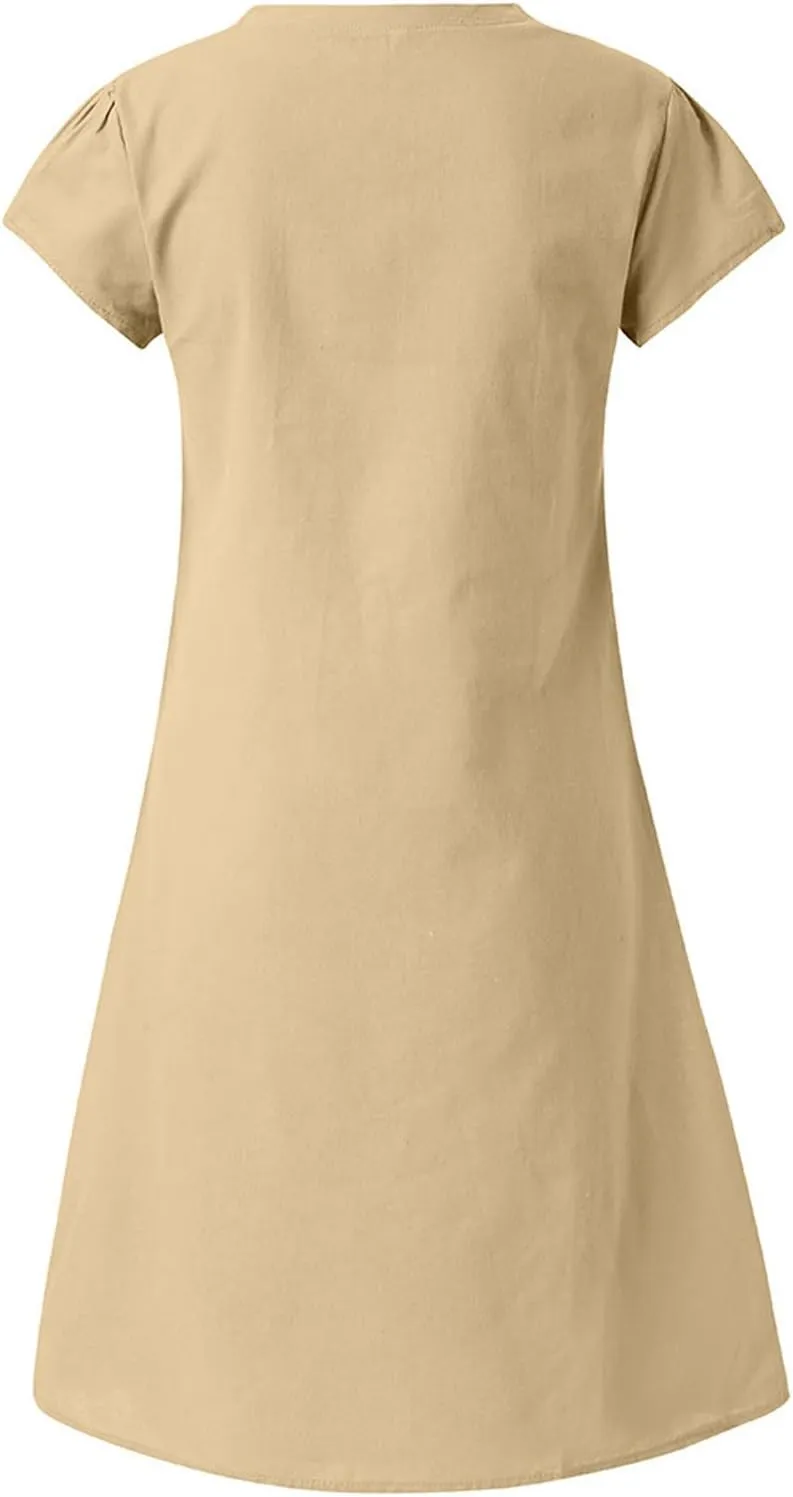 Linen Dresses for Women 2025 Short Sleeve Knee Length Midi Dresses Lightweight Summer Beach Vacation Clothes