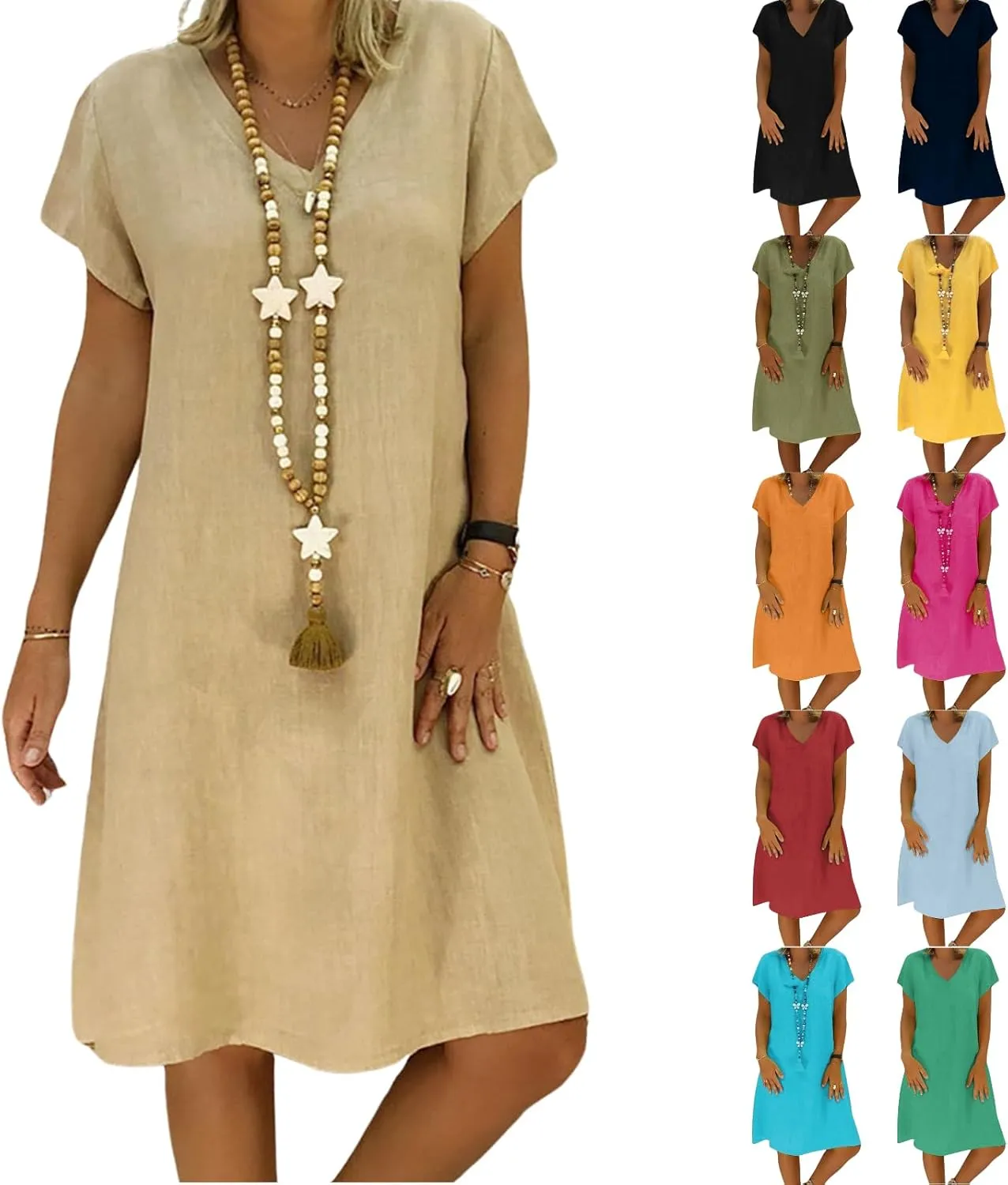 Linen Dresses for Women 2025 Short Sleeve Knee Length Midi Dresses Lightweight Summer Beach Vacation Clothes