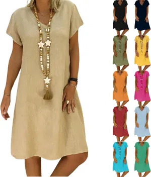 Linen Dresses for Women 2025 Short Sleeve Knee Length Midi Dresses Lightweight Summer Beach Vacation Clothes