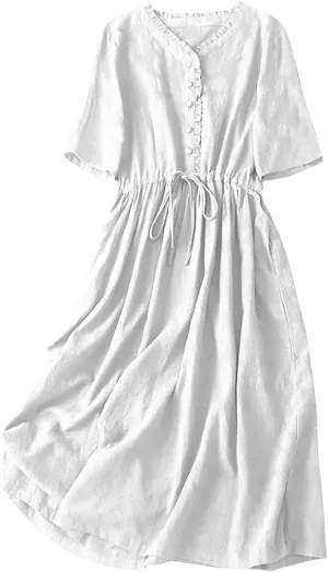 Linen Dresses for Women 2025 Summer Long Maxi Dress Short Sleeve Button Down Tshirt Sundresses Boho Beach Outfits
