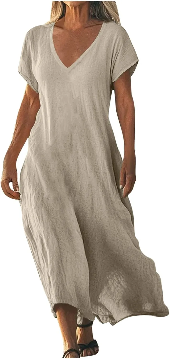 Linen Dresses for Women 2025 Trendy Vneck Long Maxi Dress Flowy Summer Sundresses Boho Beach Wear