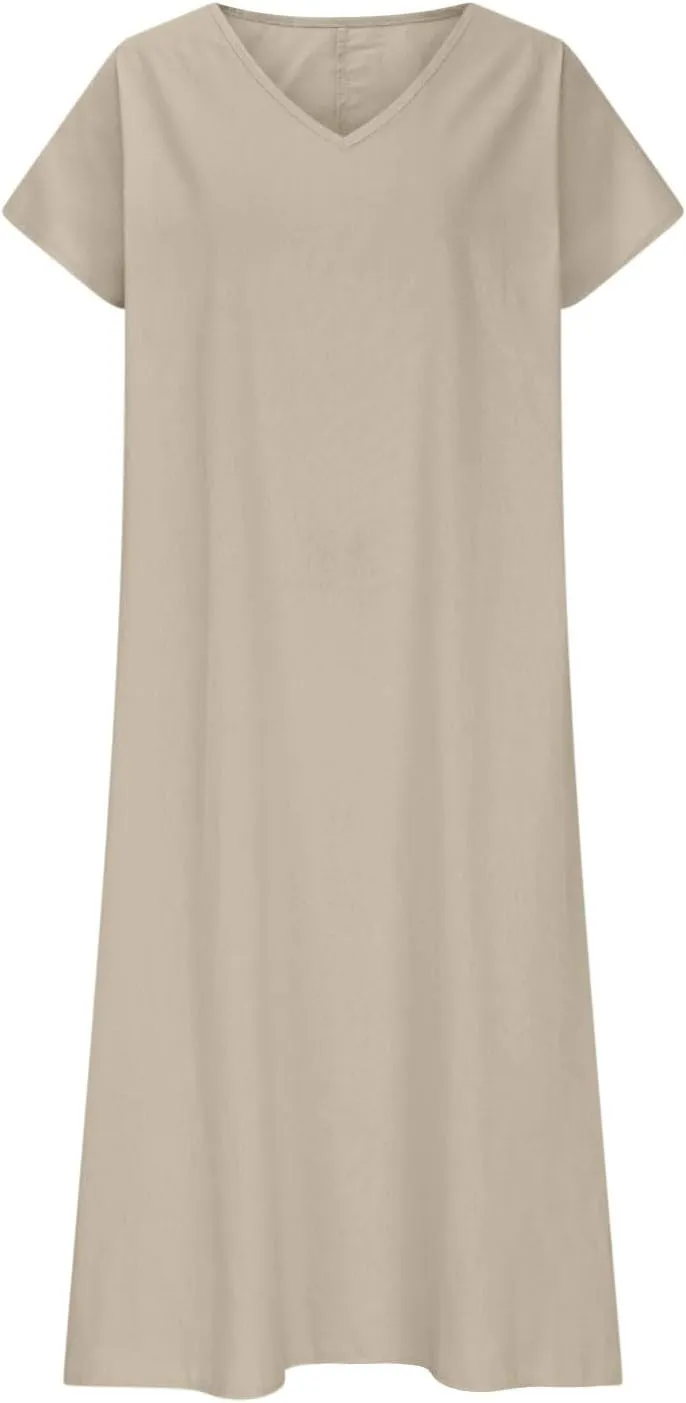 Linen Dresses for Women 2025 Trendy Vneck Long Maxi Dress Flowy Summer Sundresses Boho Beach Wear