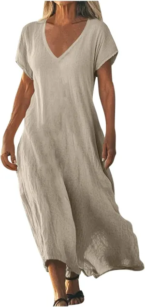 Linen Dresses for Women 2025 Trendy Vneck Long Maxi Dress Flowy Summer Sundresses Boho Beach Wear