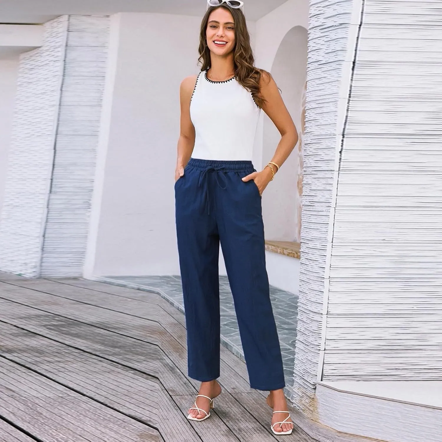 Linen Pants for Women 2025 Drawstring Lounge Trousers Elastic Waist Summer Beach Pant Outfits with Pockets