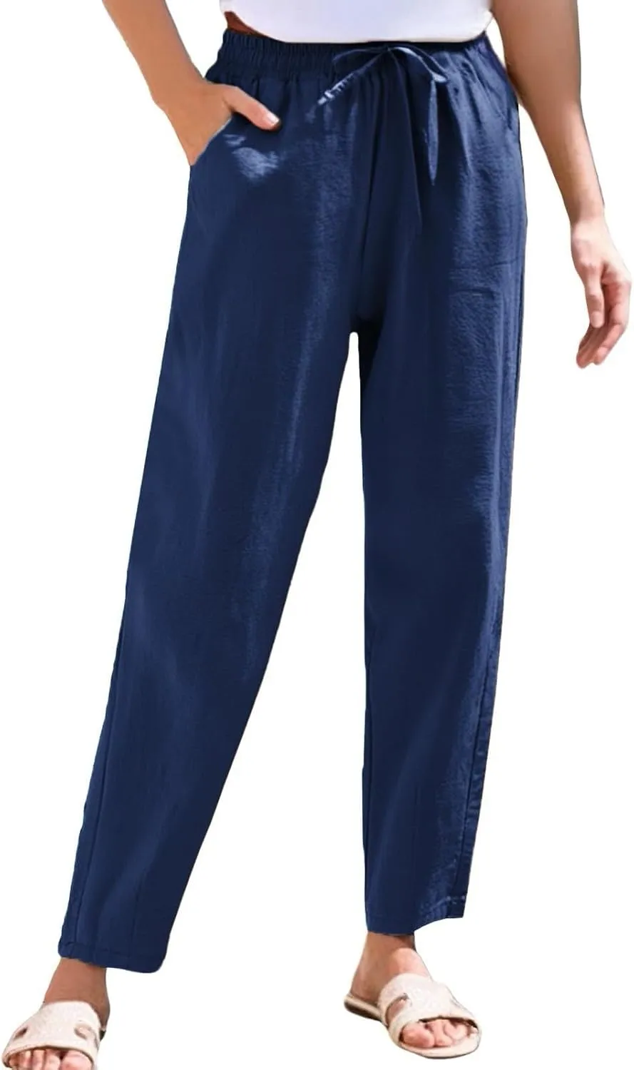 Linen Pants for Women 2025 Drawstring Lounge Trousers Elastic Waist Summer Beach Pant Outfits with Pockets
