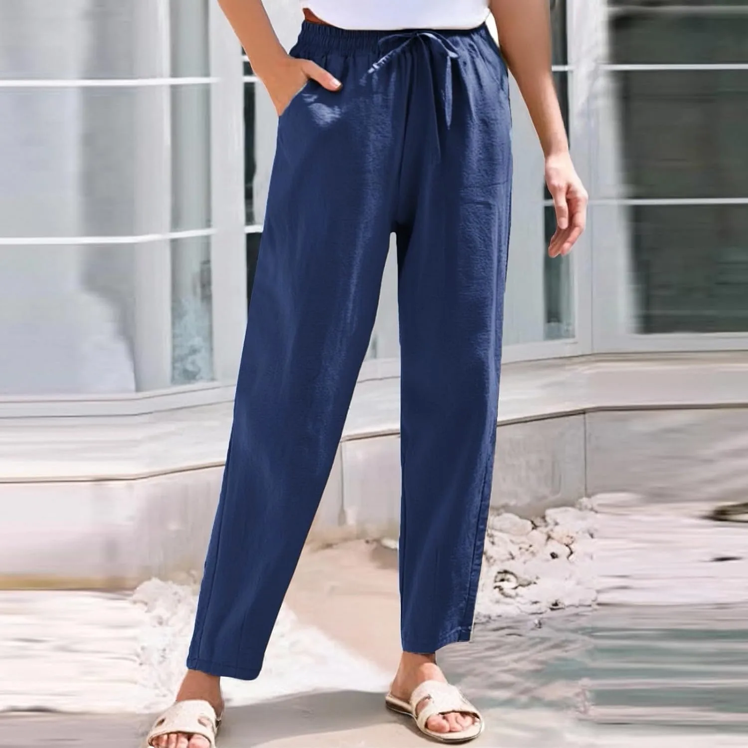 Linen Pants for Women 2025 Drawstring Lounge Trousers Elastic Waist Summer Beach Pant Outfits with Pockets