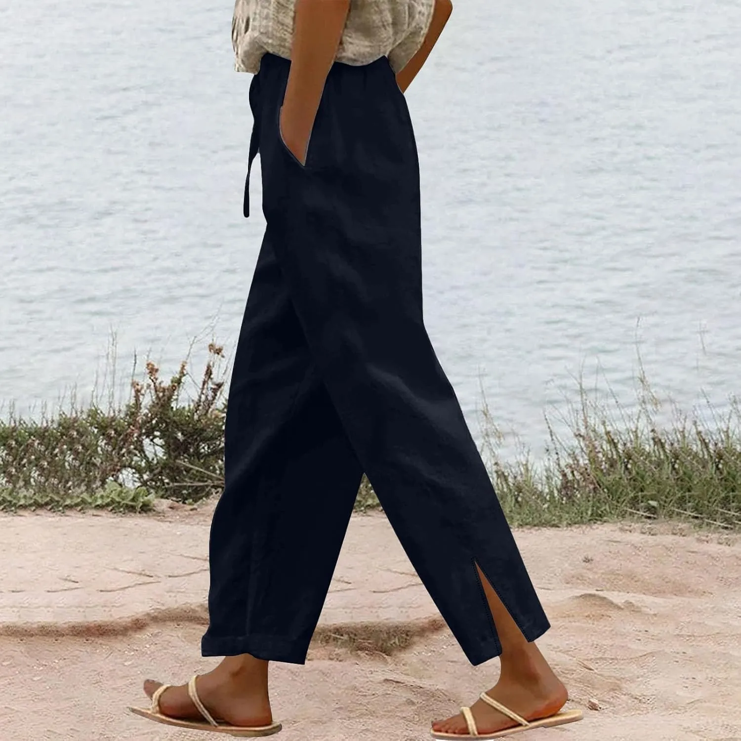 Linen Pants for Women 2025 Summer Elastic Drawstring Waist Straight Wide Leg Slit Trouser Causal Palazzo Fashion Pant