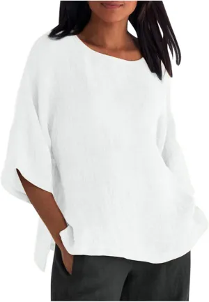 Linen Shirts for Women 3/4 Sleeve 2024 Solid Color V-Neck Tunic Blouse Casual 3/4 Length Sleeve Summer Tops